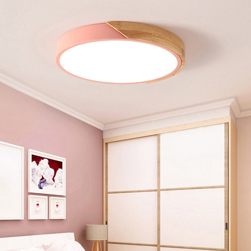 Round LED Macaron Ceiling Light with Acrylic Shade and Wood Accents