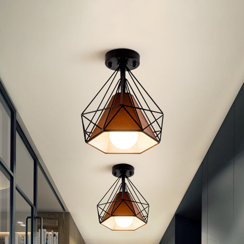 Industrial Metal Flush Ceiling Light Fixture - Cage Style, Small Aisle, 1 Head Black Flushmount Lighting
