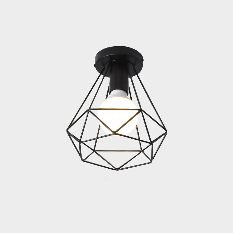 Industrial Metal Flush Ceiling Light Fixture - Cage Style, Small Aisle, 1 Head Black Flushmount Lighting