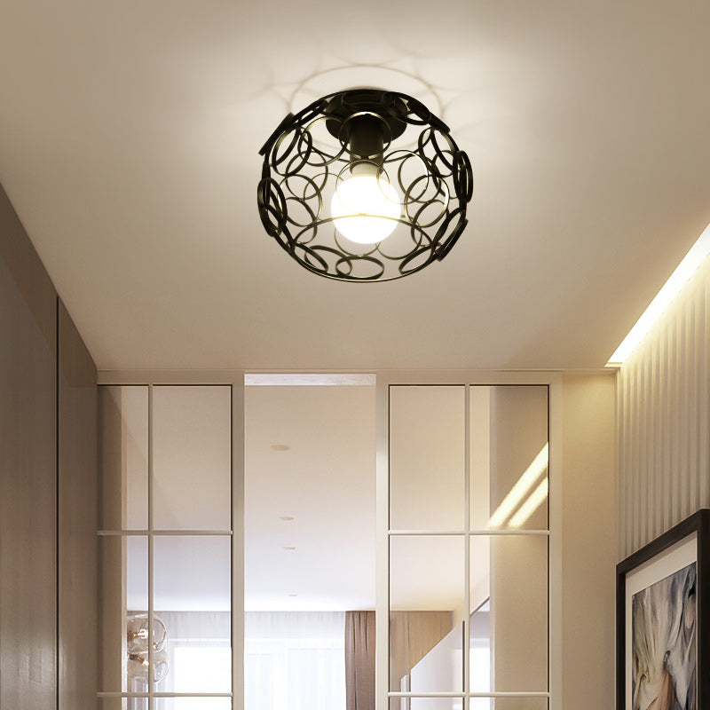 Industrial Metal Flush Ceiling Light Fixture - Cage Style, Small Aisle, 1 Head Black Flushmount Lighting