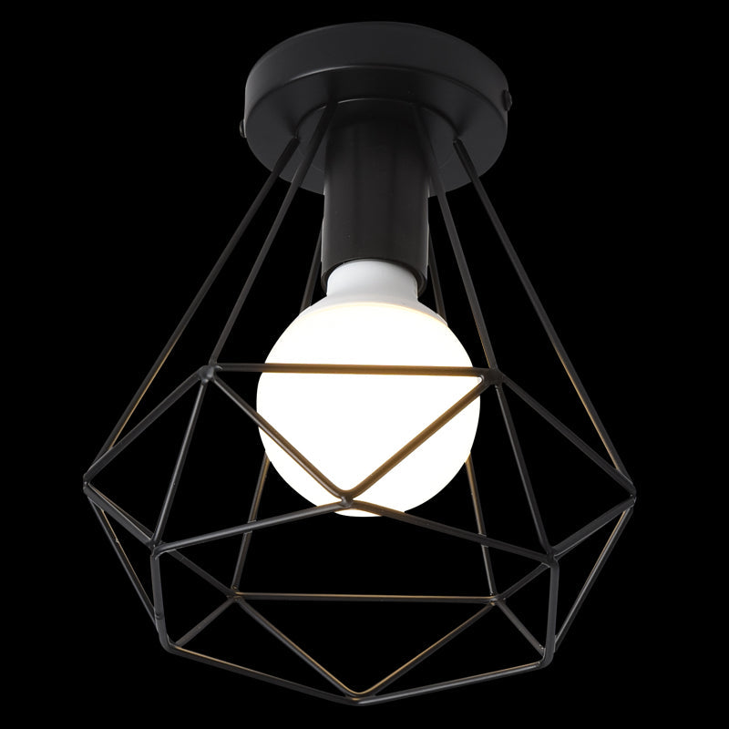 Industrial Metal Flush Ceiling Light Fixture - Cage Style, Small Aisle, 1 Head Black Flushmount Lighting