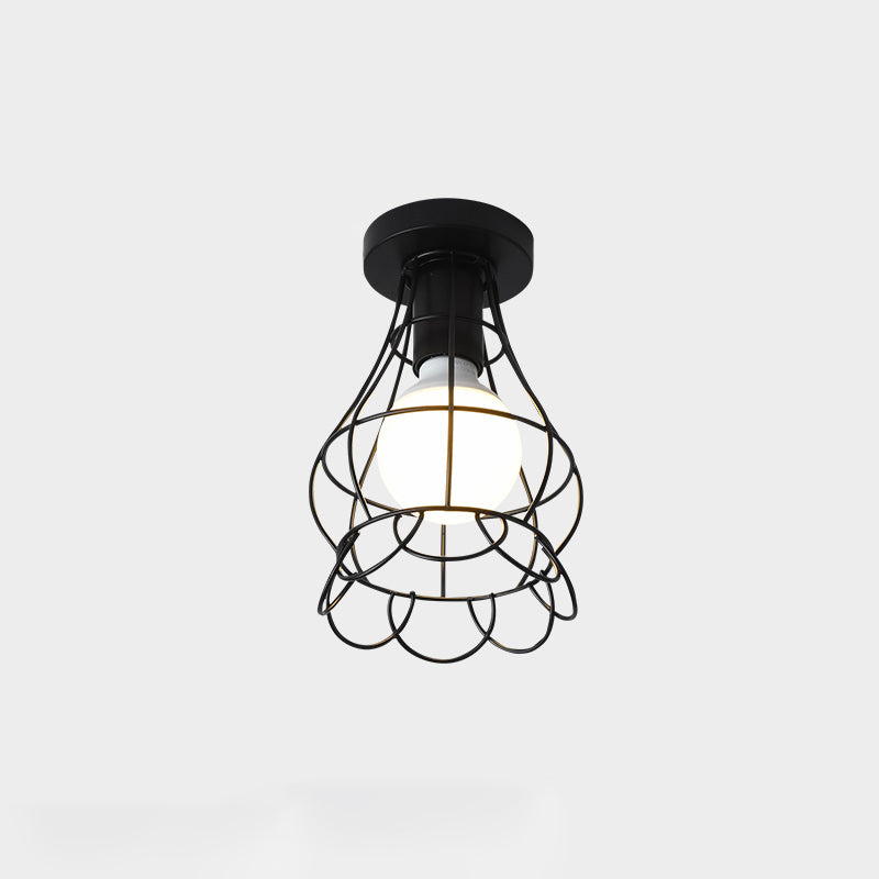 Industrial Metal Flush Ceiling Light Fixture - Cage Style, Small Aisle, 1 Head Black Flushmount Lighting