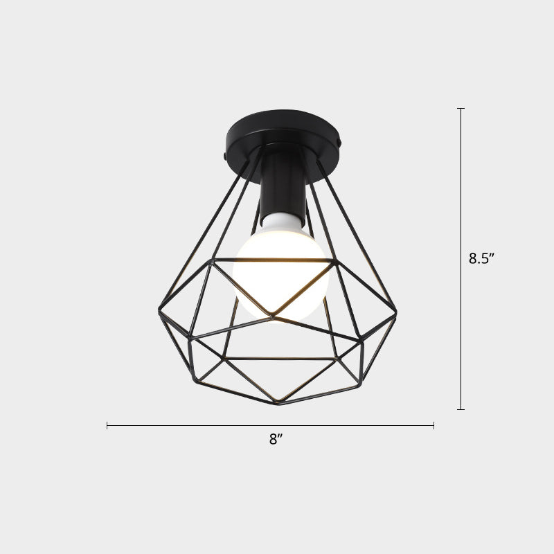 Industrial Metal Flush Ceiling Light Fixture - Cage Style, Small Aisle, 1 Head Black Flushmount Lighting
