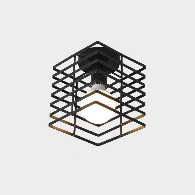 Industrial Metal Flush Ceiling Light Fixture - Cage Style, Small Aisle, 1 Head Black Flushmount Lighting