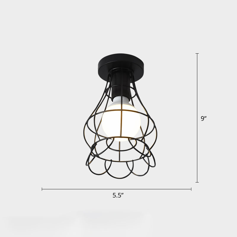 Industrial Metal Flush Ceiling Light Fixture - Cage Style, Small Aisle, 1 Head Black Flushmount Lighting