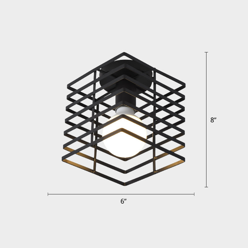 Industrial Metal Flush Ceiling Light Fixture - Cage Style, Small Aisle, 1 Head Black Flushmount Lighting