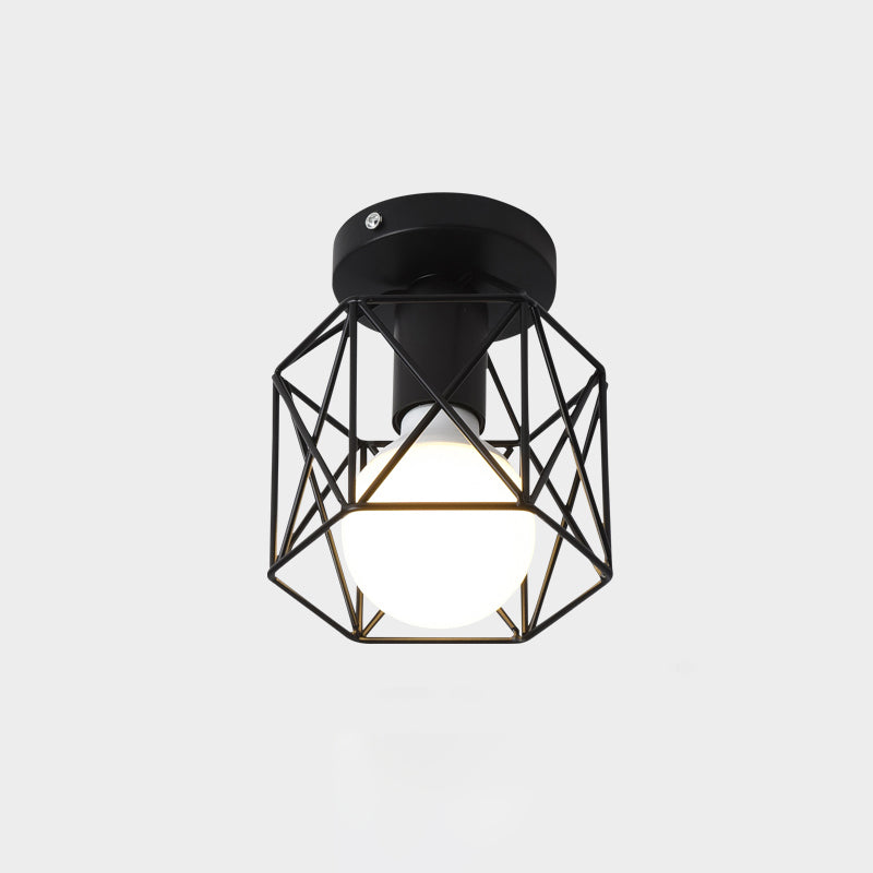 Industrial Metal Flush Ceiling Light Fixture - Cage Style, Small Aisle, 1 Head Black Flushmount Lighting