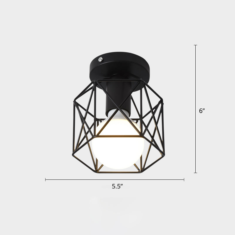 Industrial Metal Flush Ceiling Light Fixture - Cage Style, Small Aisle, 1 Head Black Flushmount Lighting