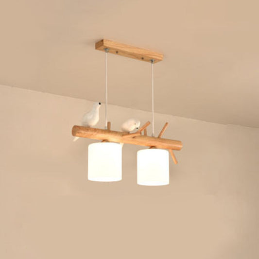 Nordic Wood Pendant Light With Opal Glass Cylinder And Resin Bird Decor 2 /