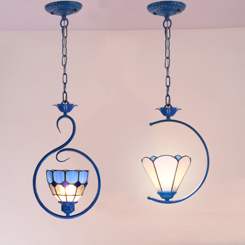 Vintage Tiffany Glass Pendant Ceiling Lamp - Blue Ring Pendulum Light for Bedroom