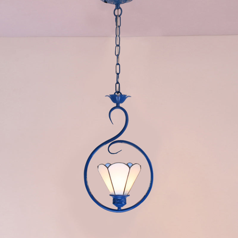 Vintage Tiffany Glass Pendant Ceiling Lamp - Blue Ring Pendulum Light for Bedroom
