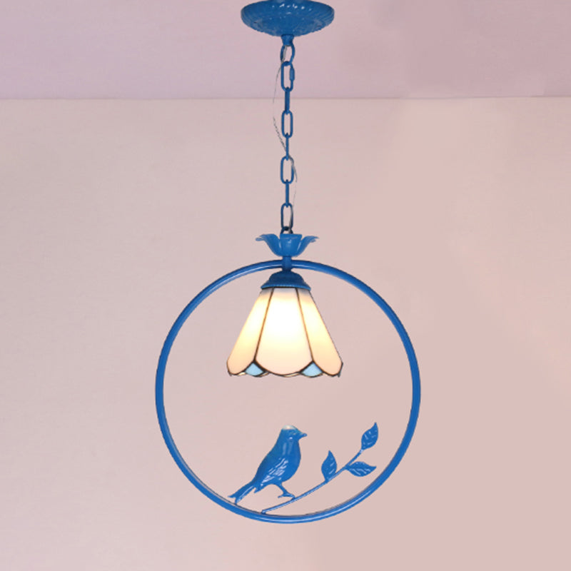 Blue Vintage Tiffany Glass Pendant Ceiling Lamp For Bedroom With 1 Head / Cone