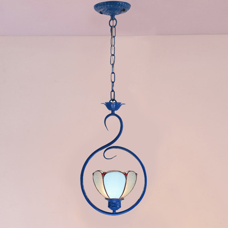 Blue Vintage Tiffany Glass Pendant Ceiling Lamp For Bedroom With 1 Head / Flower