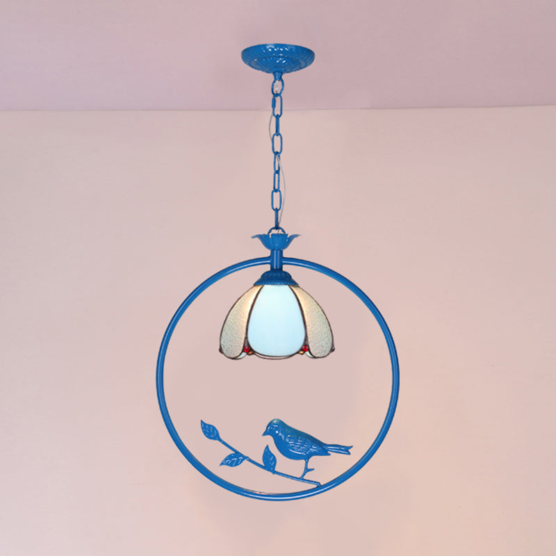 Blue Vintage Tiffany Glass Pendant Ceiling Lamp For Bedroom With 1 Head / Leaf