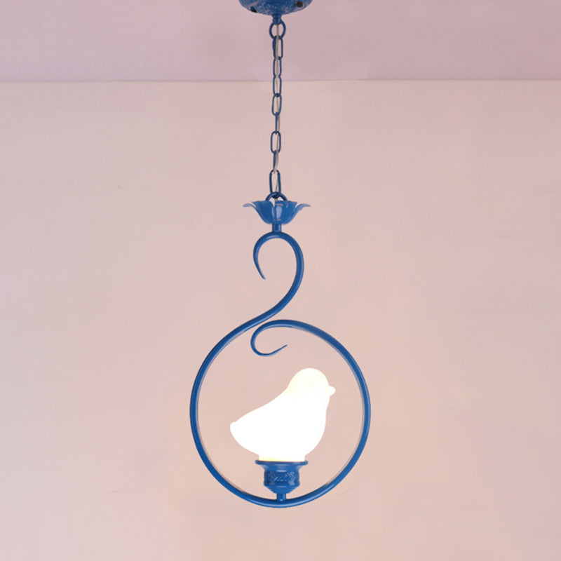Blue Vintage Tiffany Glass Pendant Ceiling Lamp For Bedroom With 1 Head / Bird
