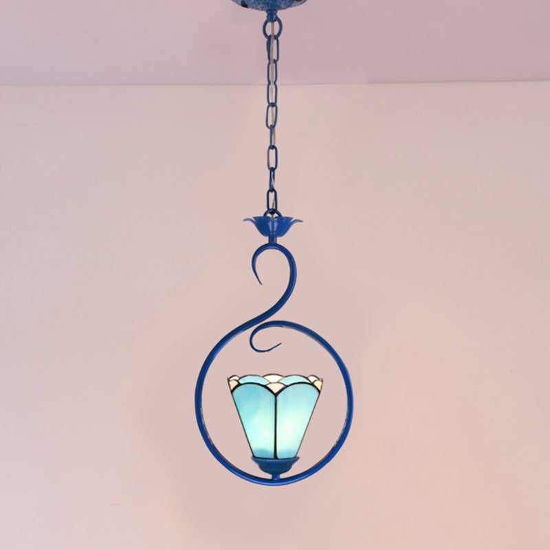 Blue Vintage Tiffany Glass Pendant Ceiling Lamp For Bedroom With 1 Head / Fillet