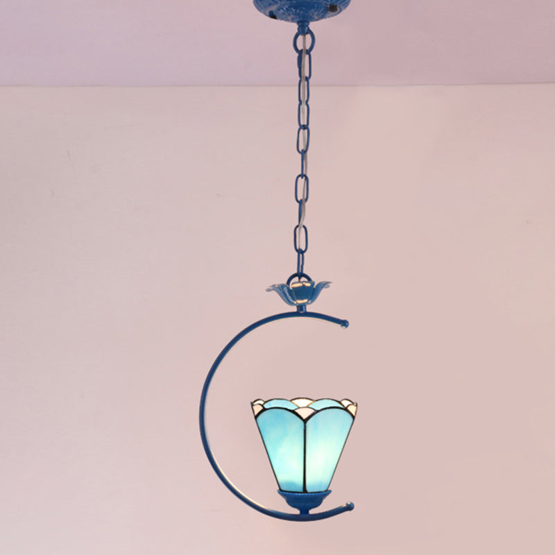Vintage Tiffany Glass Pendant Ceiling Lamp - Blue Ring Pendulum Light for Bedroom
