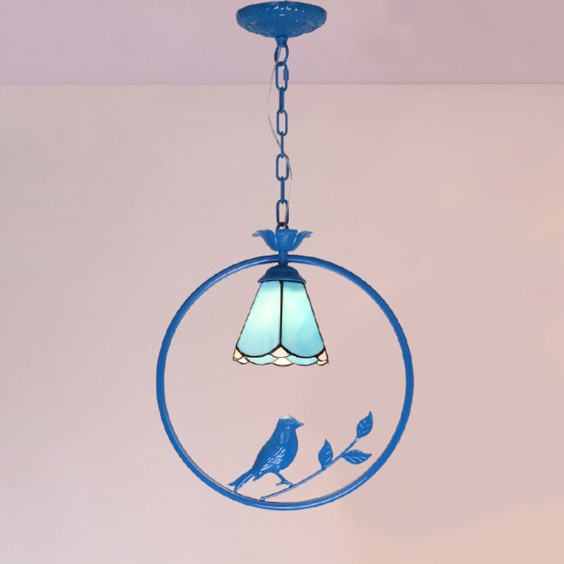 Blue Vintage Tiffany Glass Pendant Ceiling Lamp For Bedroom With 1 Head / Geometric