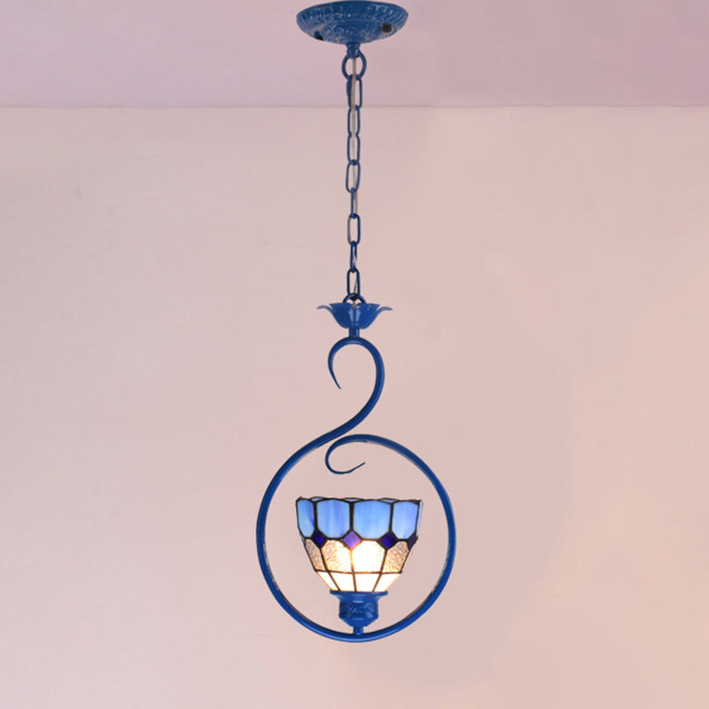 Blue Vintage Tiffany Glass Pendant Ceiling Lamp For Bedroom With 1 Head / Round