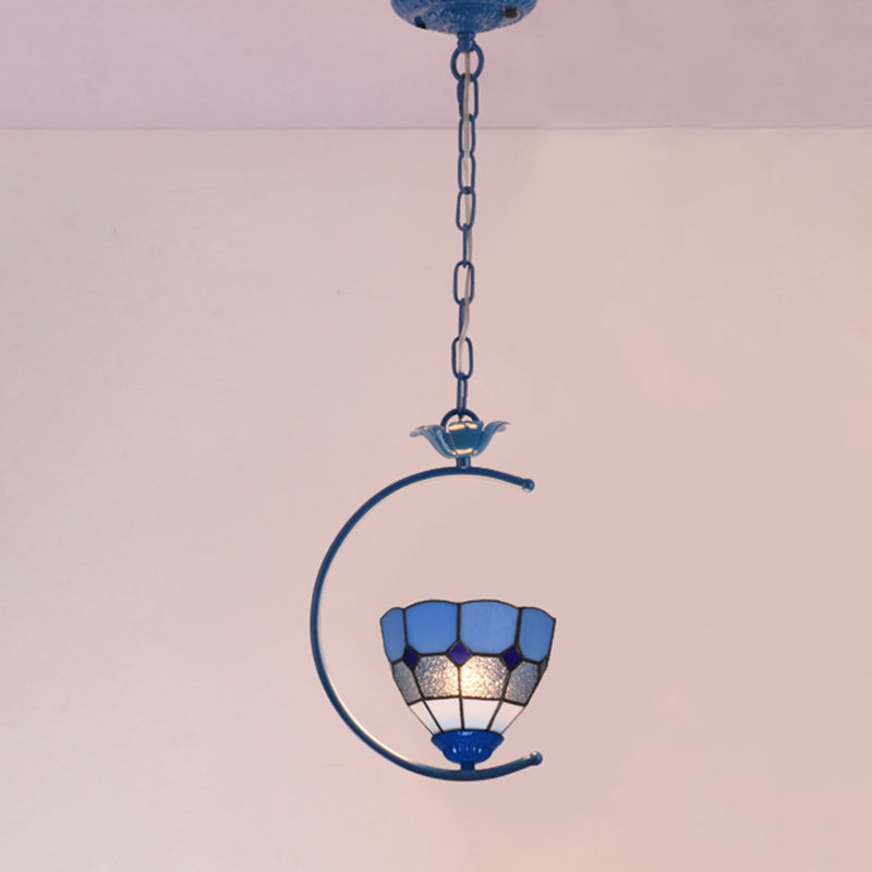 Blue Vintage Tiffany Glass Pendant Ceiling Lamp For Bedroom With 1 Head / Semicircle