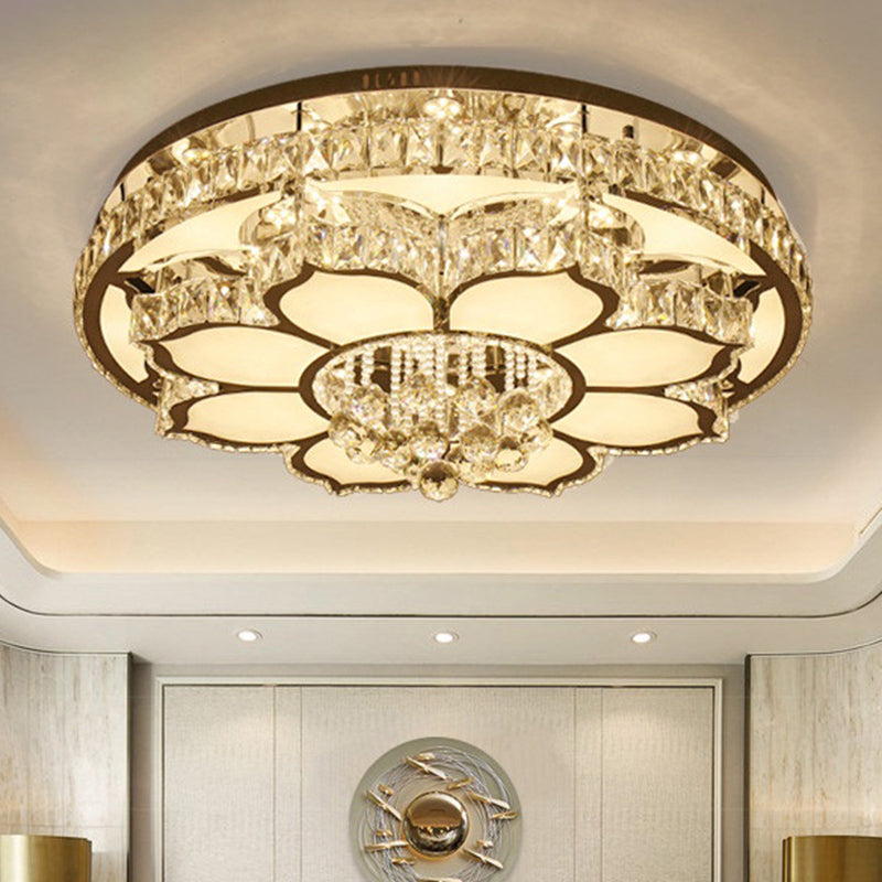 Modern White LED Crystal Flower Ceiling Light for Living Room with Flush Mount Design