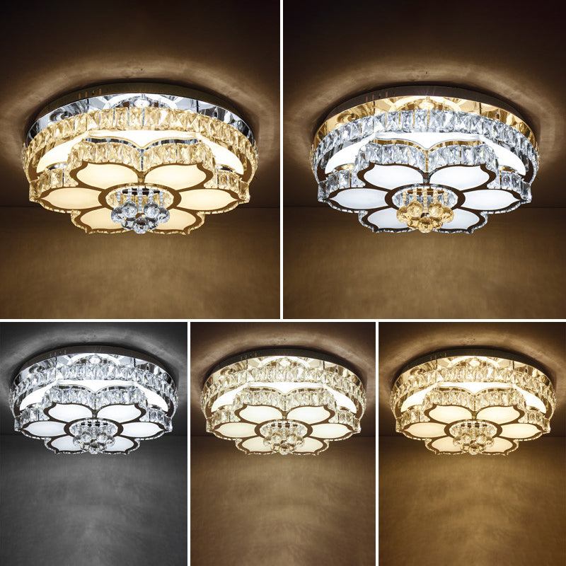 Modern White LED Crystal Flower Ceiling Light for Living Room with Flush Mount Design