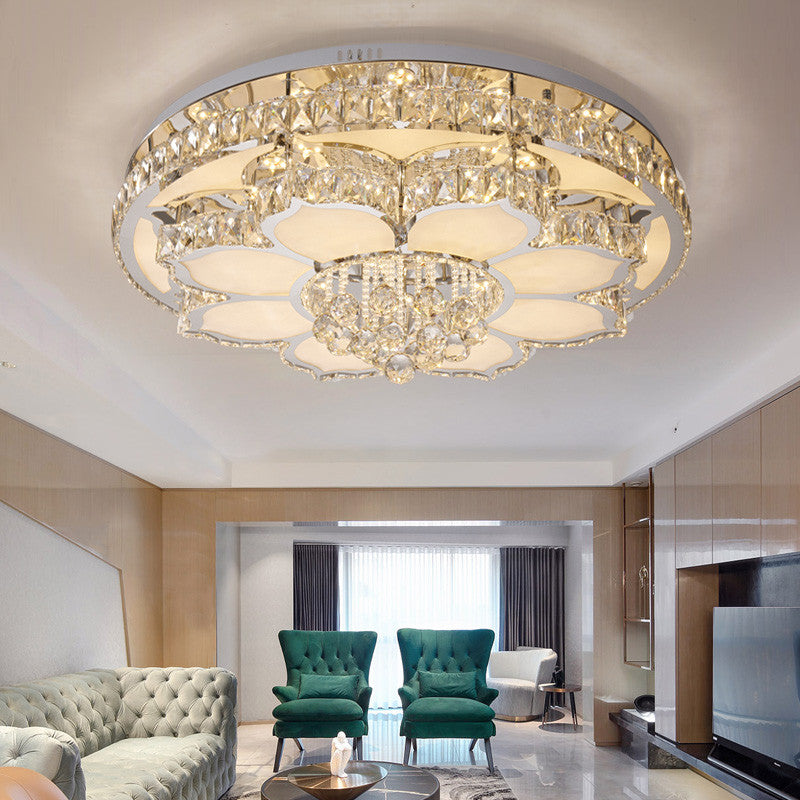 Modern White LED Crystal Flower Ceiling Light for Living Room with Flush Mount Design