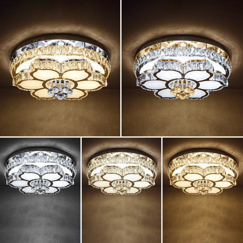 Modern White LED Crystal Flower Ceiling Light for Living Room with Flush Mount Design