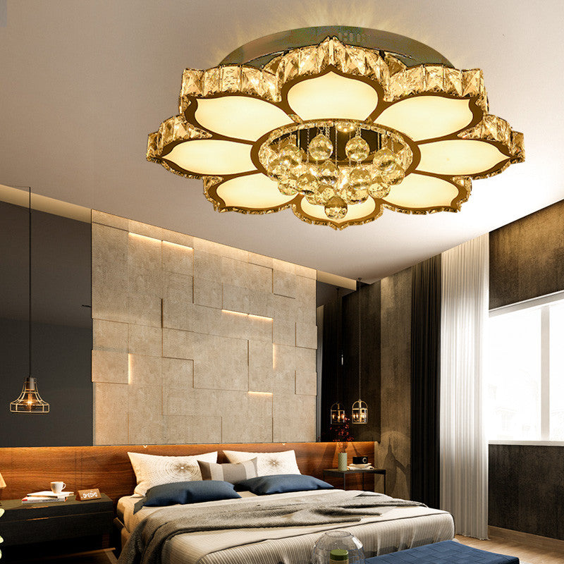 Modern White LED Crystal Flower Ceiling Light for Living Room with Flush Mount Design