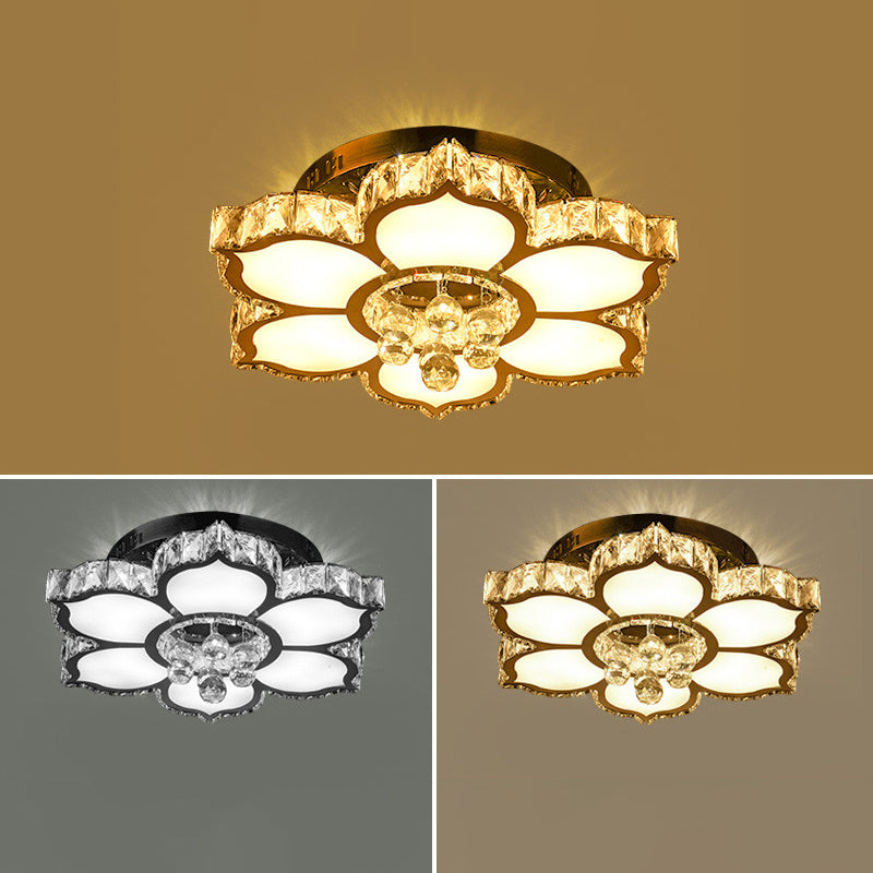 Modern White LED Crystal Flower Ceiling Light for Living Room with Flush Mount Design