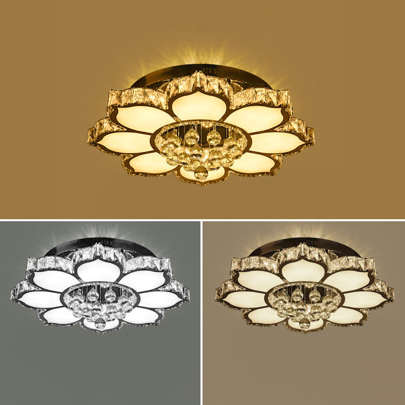 Modern White LED Crystal Flower Ceiling Light for Living Room with Flush Mount Design