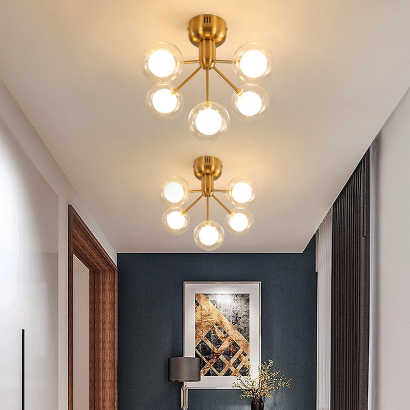 Minimalistic 5-Head Clear and Frosted Glass Molecule Ceiling Fixture for Corridor Lighting