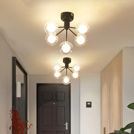 Minimalistic 5-Head Clear and Frosted Glass Molecule Ceiling Fixture for Corridor Lighting