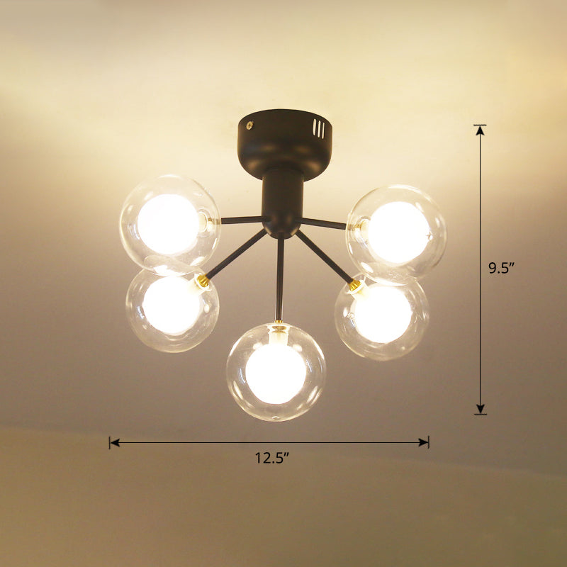 Minimalistic 5-Head Clear and Frosted Glass Molecule Ceiling Fixture for Corridor Lighting