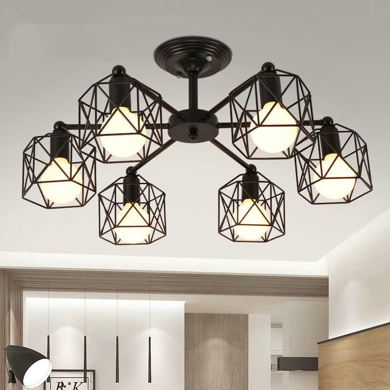 Black Metal Hexagon Cage Ceiling Light - Vintage Chandelier for Living Room