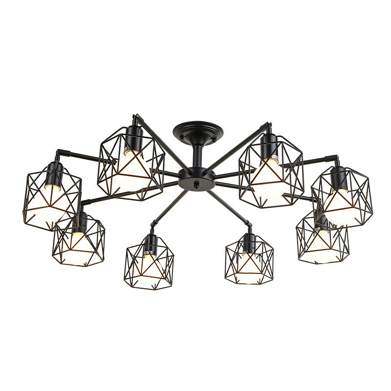 Black Metal Hexagon Cage Ceiling Light - Vintage Chandelier for Living Room