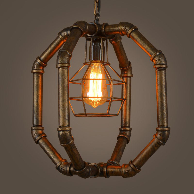 Suspension à double cage en métal et laiton - Style industriel pour salle à manger - Lanterne suspendue au plafond à 1 ampoule