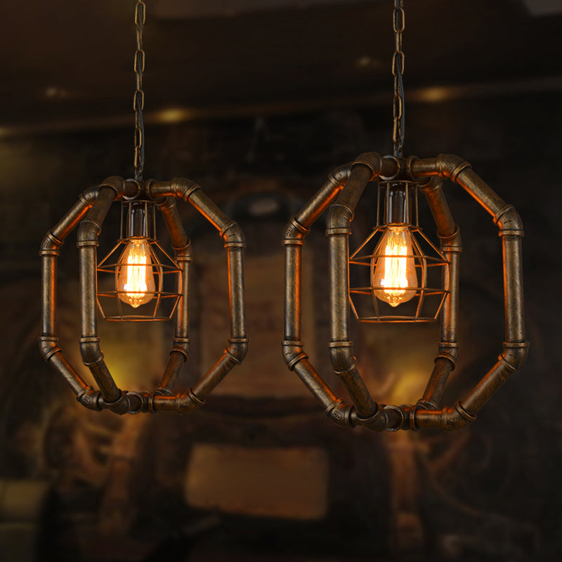 Suspension à double cage en métal et laiton - Style industriel pour salle à manger - Lanterne suspendue au plafond à 1 ampoule