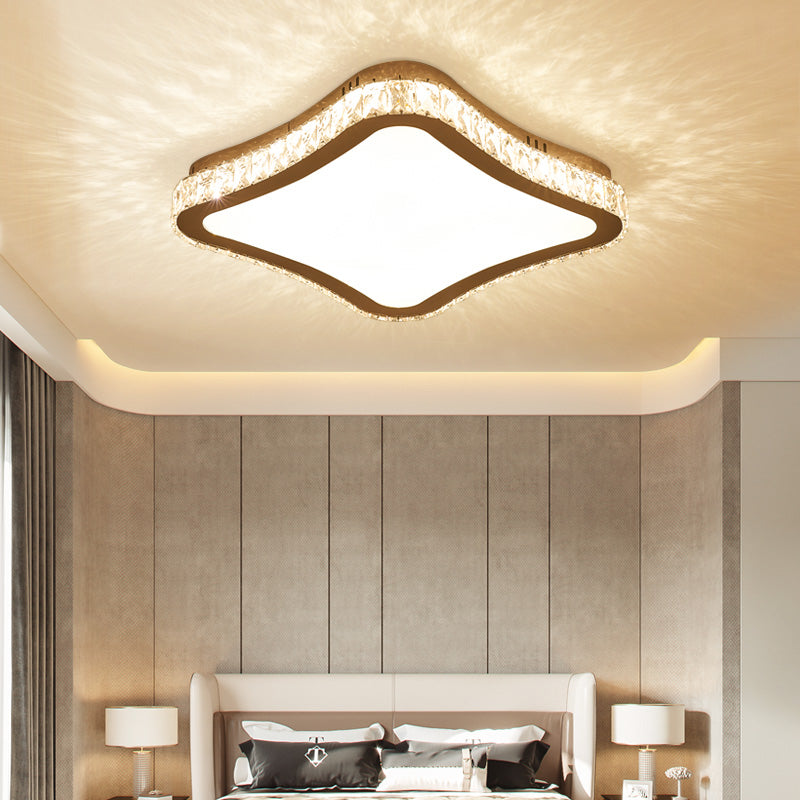 Prismatic K9 Crystal Ceiling Light: Elegant White Flush Mount LED for Bedroom