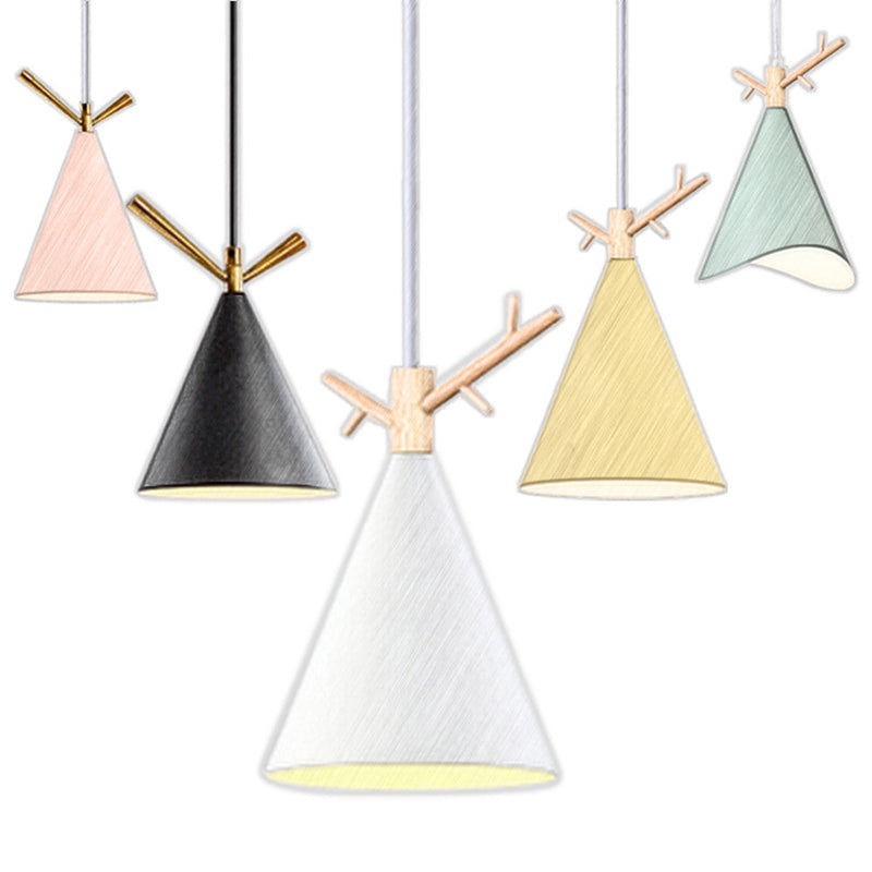 Nordic Conical Pendant Metallic Hanging Light with Antler Deco - 1-Bulb Ceiling Fixture for Dining Room