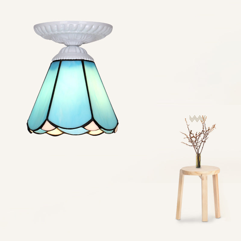 Vintage Handcrafted Stained Glass Ceiling Light With Single Flower Design For Aisle White / Blue