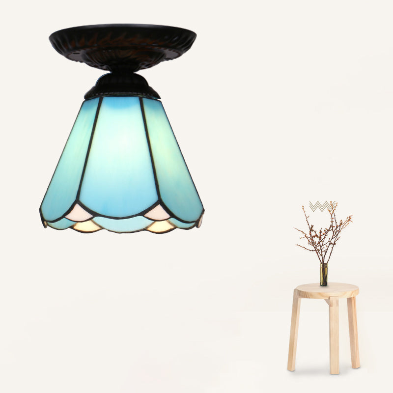 Vintage Handcrafted Stained Glass Ceiling Light With Single Flower Design For Aisle Black / Blue