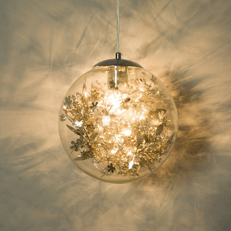 Clear Glass Pendant Light With Foil Flower - Perfect For Dining Room Silver / 8