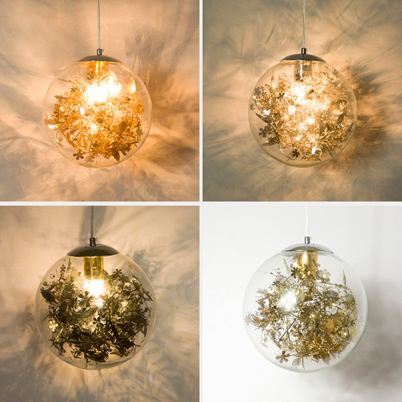 Clear Glass Pendant Light with Elegant Foil Flower for Dining Room