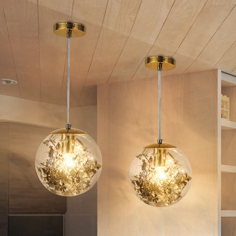 Clear Glass Pendant Light with Elegant Foil Flower for Dining Room