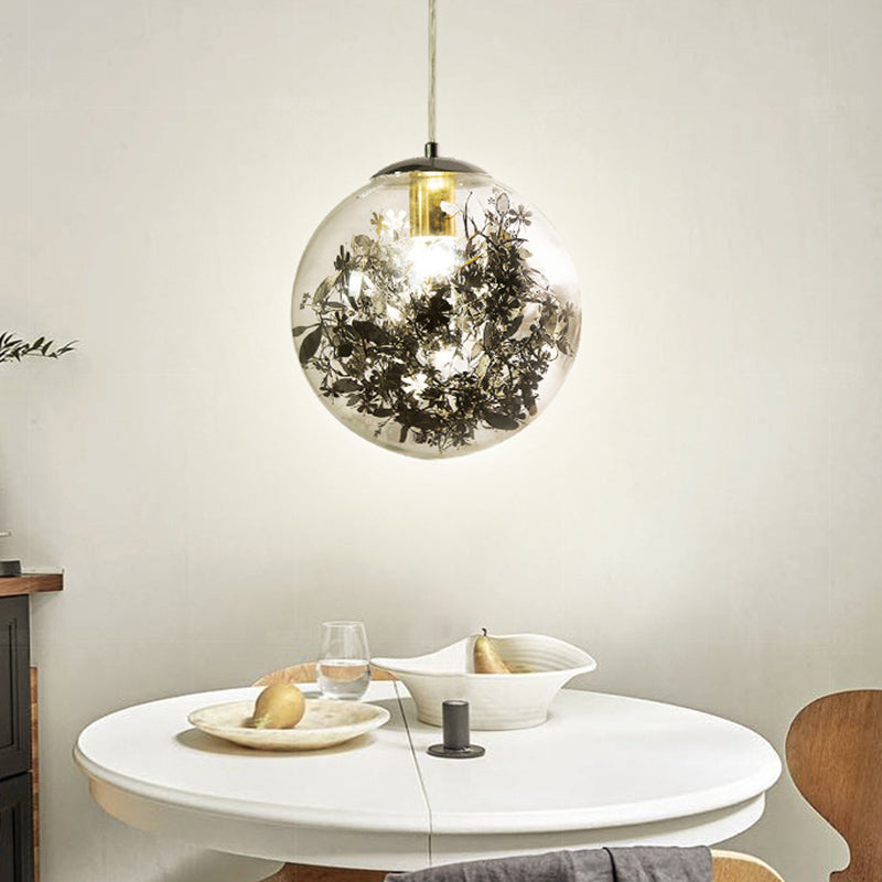 Clear Glass Pendant Light with Elegant Foil Flower for Dining Room