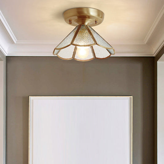 Vintage Glass Conical Foyer Ceiling Light with Scalloped Edge - Brass Flush Mount, 1 Bulb