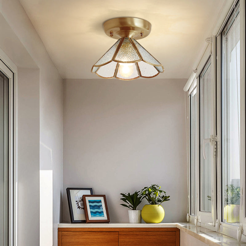 Vintage Glass Conical Foyer Ceiling Light with Scalloped Edge - Brass Flush Mount, 1 Bulb