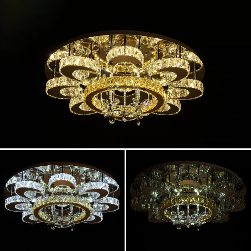 Chrome LED Flower Ceiling Light: Modern, Clear Crystal Flush Fixture for Living Room