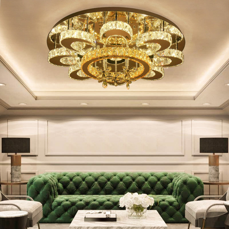 Chrome LED Flower Ceiling Light: Modern, Clear Crystal Flush Fixture for Living Room